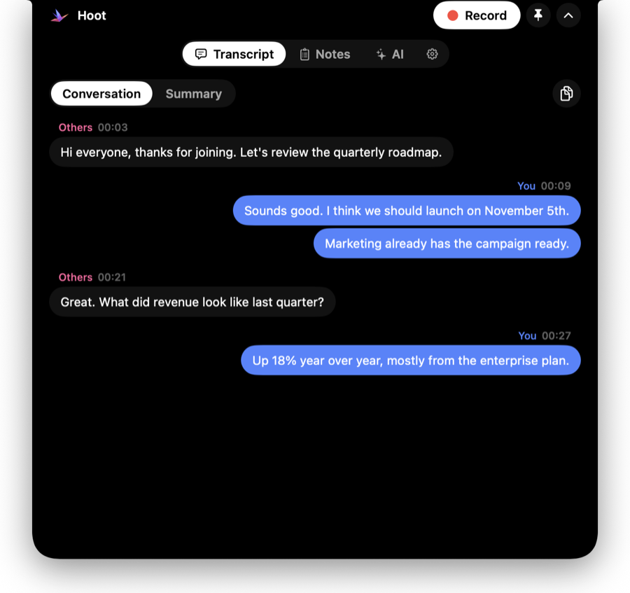 Hoot's transcript, laid out like Messages